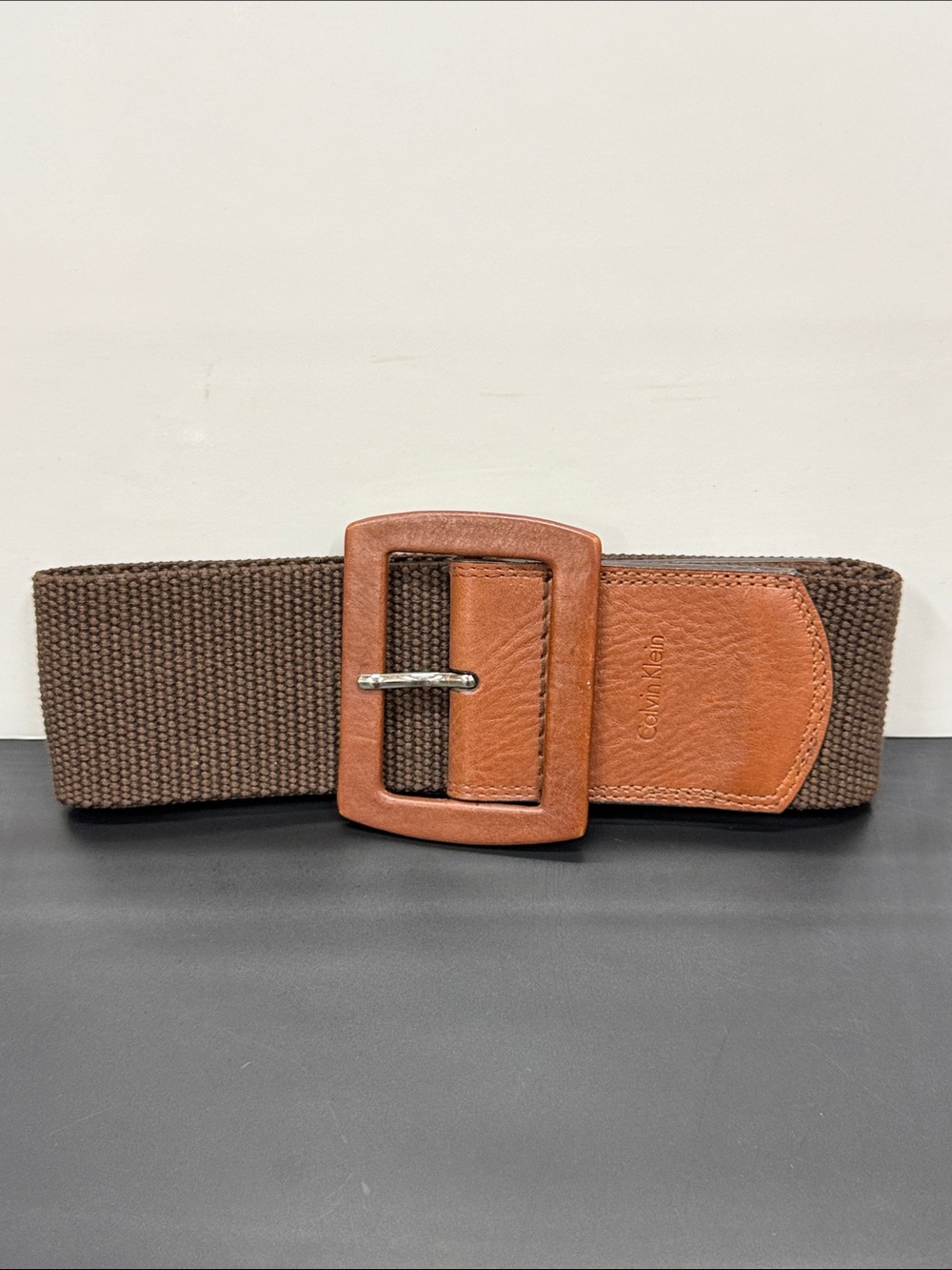 Calvin Klein Brown Woven Elastic Belt with Tan Leather Buckle
